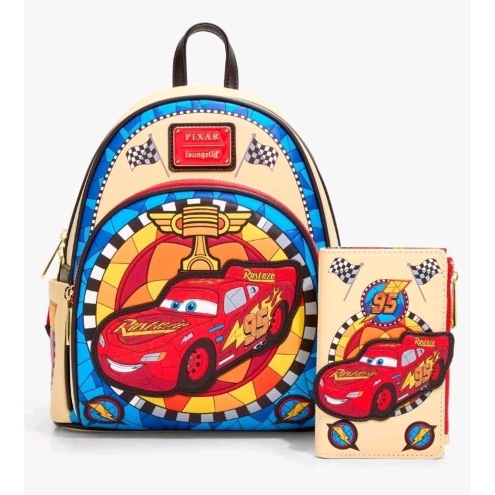 NEW Loungefly Disney Cars Lightning McQueen Stained Glass Backpack & Wallet Set